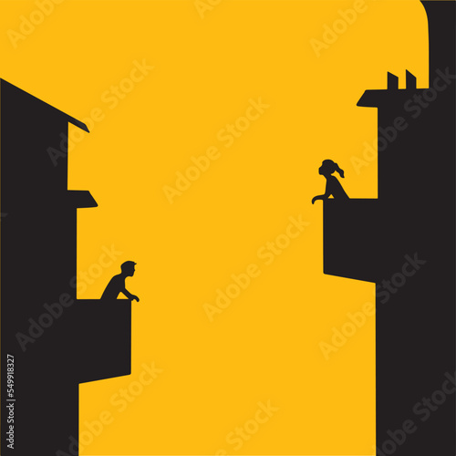 Silhouette of female and male standing in the balconies of two face to face buildings