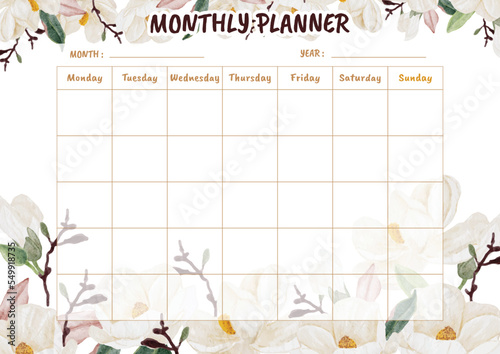 beautiful watercolor white magnolia flower bouquet planner template