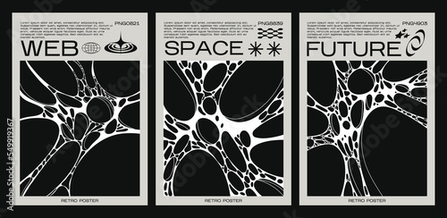 Y2K posters in retro futuristic style with cobwebs. Tribal style elements for 90s design. Printable vector banner collection
