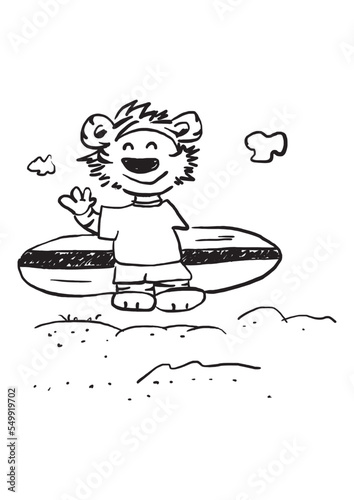 cartoon animal design tiger surfing cute with outline brush vector.