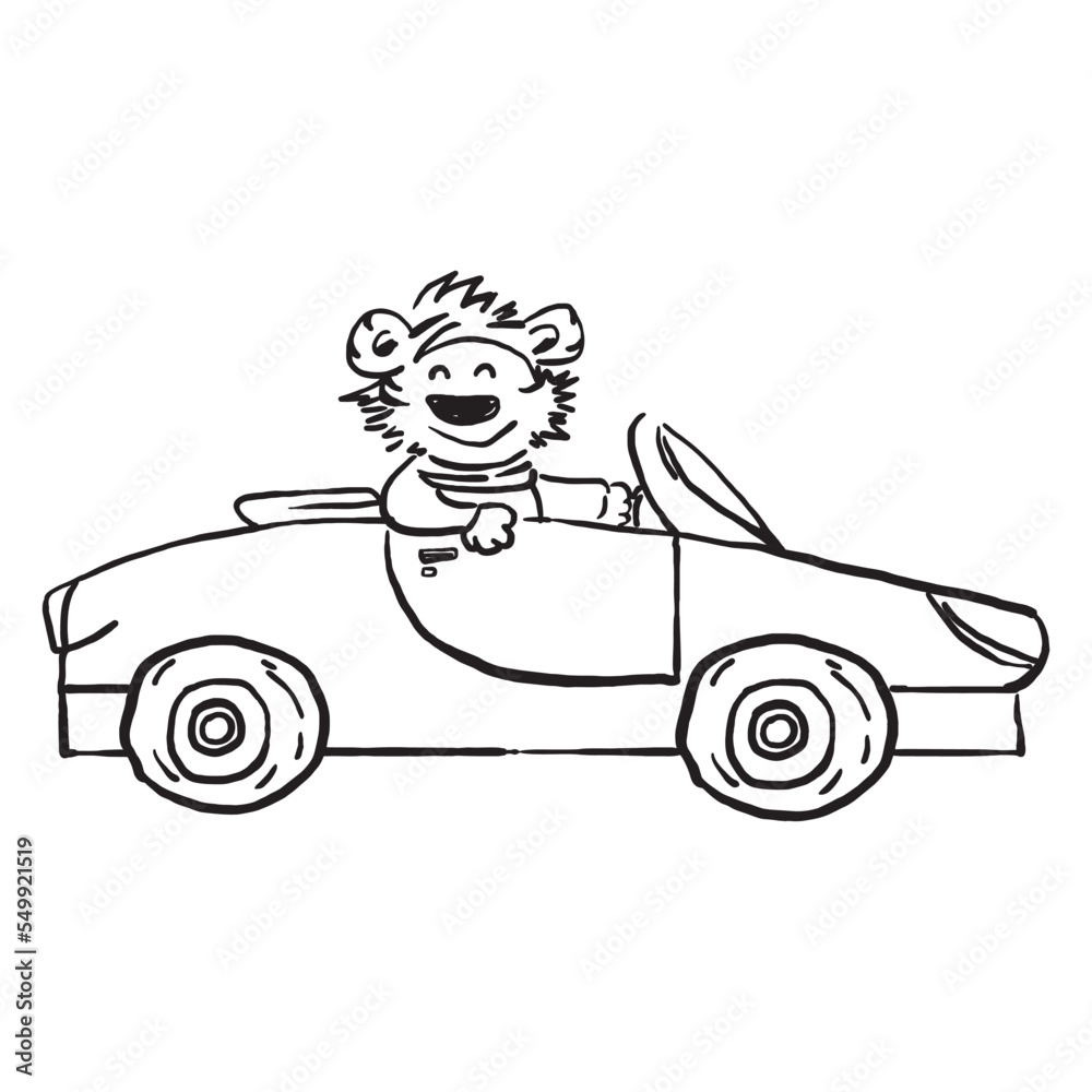 cute car with tiger as driver is driving, vector illustration in cartoon style for children, isolated funny poster with animal on white background, cute baby print