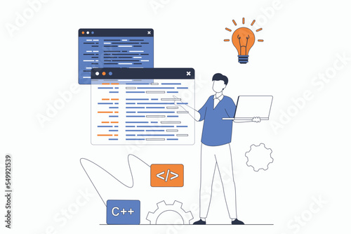 Programmers working concept with people scene in flat outline design. Man developer works with code on different screens, optimizes and tests. Vector illustration with line character situation for web © alexdndz