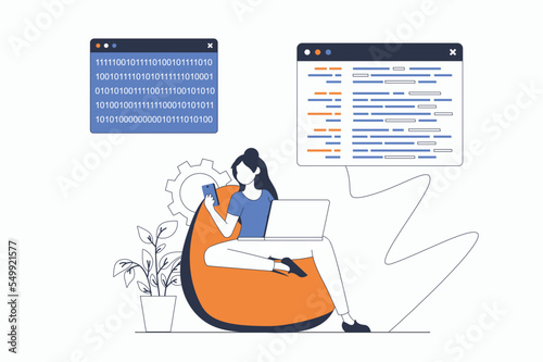 Programmers working concept with people scene in flat outline design. Woman working with code on different screens, optimizes and tests. Vector illustration with line character situation for web