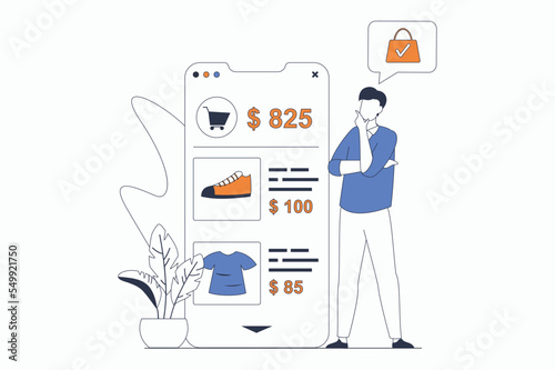 Online shopping concept with people scene in flat outline design. Man chooses goods on store website and makes order in mobile application. Vector illustration with line character situation for web