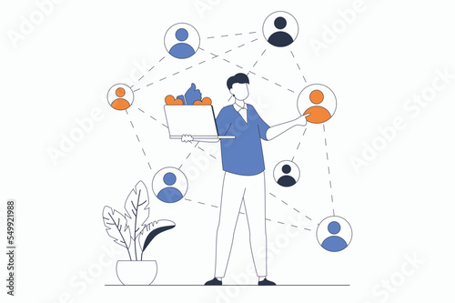Social network concept with people scene in flat outline design. Man communicates online and interacts with connected groups on Internet. Vector illustration with line character situation for web