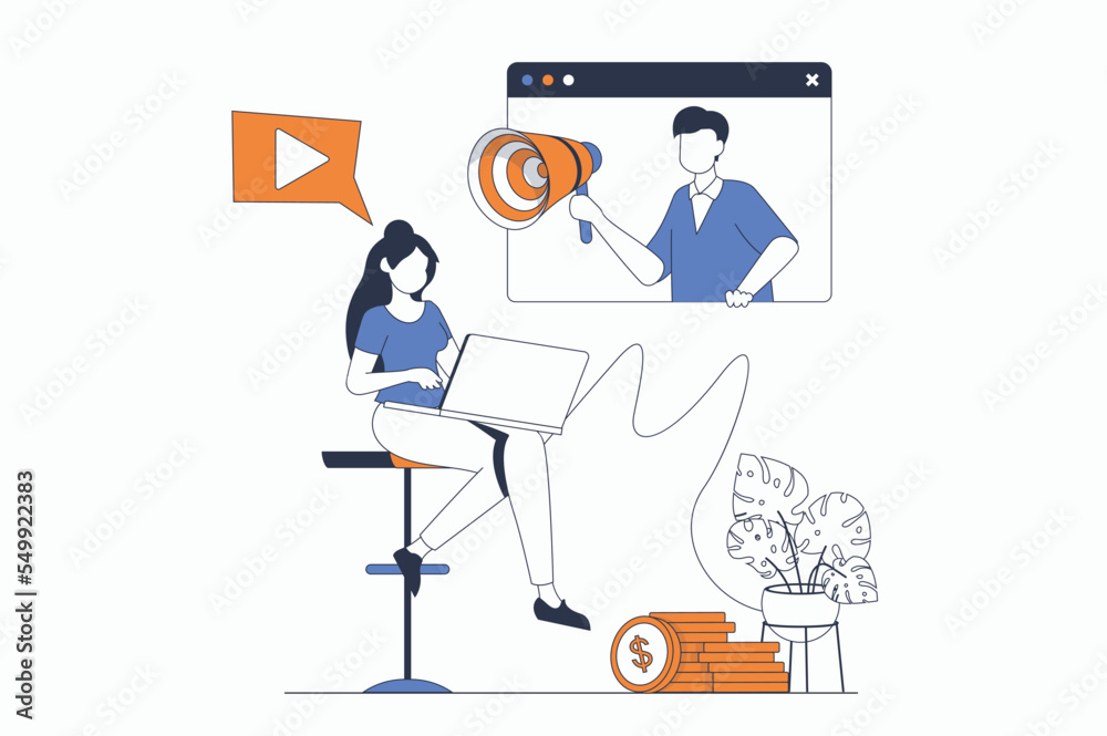 Video marketing concept with people scene in flat outline design. Woman watching video on laptop with promo content. Man promoting online. Vector illustration with line character situation for web Video marketing concept with people scene in flat outline design. Woman watching video on laptop with promo content. Man promoting online. Vector illustration with line character situation for web