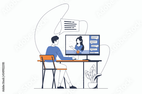 Video conference concept with people scene in flat outline design. Man calling woman in zoom using computer app and discusses work tasks. Vector illustration with line character situation for web