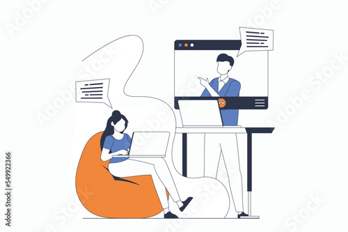 Video conference concept with people scene in flat outline design. Man and woman colleagues communicate online using video calls at laptops. Vector illustration with line character situation for web