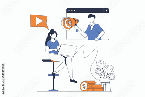 Video marketing concept with people scene in flat outline design. Woman watching video on laptop with promo content. Man promoting online. Vector illustration with line character situation for web
