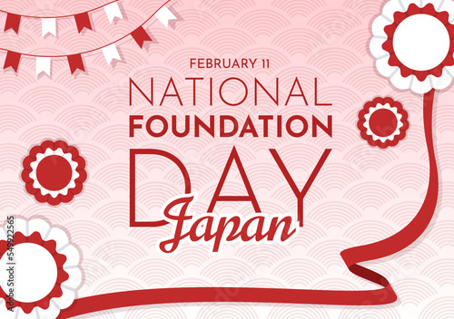 Happy Japan National Foundation Day on February 11 with Famous Japanese Landmarks and Flag in Flat Style Cartoon Hand Drawn Templates Illustration