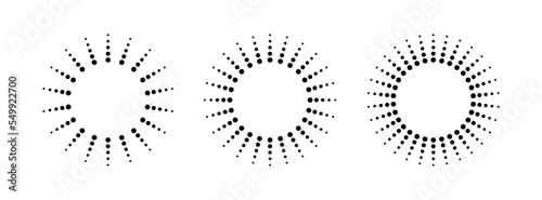 Dot radial circle lines. Circular radiating speed geometric lines. Sun star rays symbol. Abstract halftone striped design element. Motion lines. Vector illustration isolated on white background.