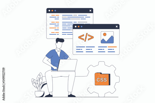 Web development concept with people scene in flat outline design. Man working with code and website layout on different screens using laptop. Vector illustration with line character situation for web © alexdndz
