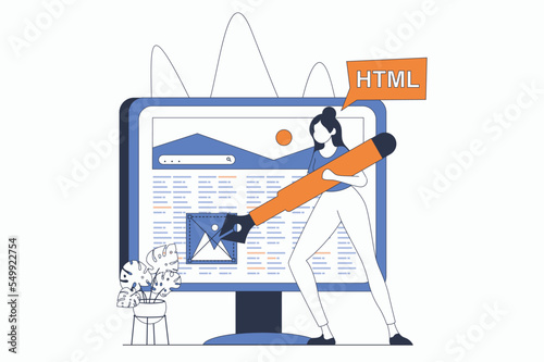 Web development concept with people scene in flat outline design. Woman works on html programming and layout of website and places elements. Vector illustration with line character situation for web photo