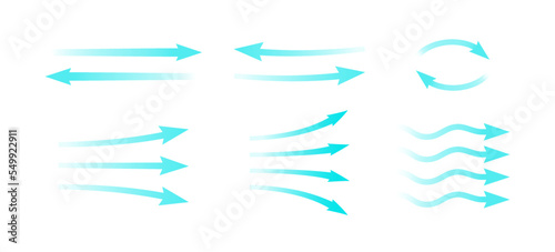 Air flow. Set of blue arrows showing direction of air movement. Wind direction arrows. Blue cold fresh stream from the conditioner. Vector illustration isolated on white background. photo