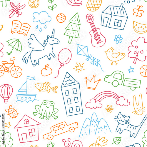 Children drawings seamless pattern. Kids doodle texture. Hand drawn cute house, cat, frog, unicorn. Baby seamless pattern. Editable stroke. Vector illustration on white background.