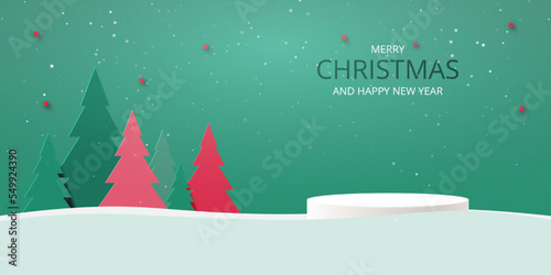 Merry Christmas and Happt New Year concept.Abstract 3d white cylinder pedestal podium and pine trees on minimal winter scene background. Paper cut style vector illustration.