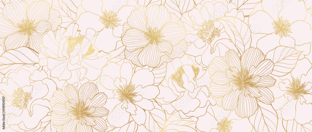 Luxury golden wild flower line art background vector. Natural botanical elegant flower with gold line art. Design illustration for decoration, wall decor, wallpaper, cover, banner, poster, card. Luxury golden wild flower line art background vector. Natural botanical elegant flower with gold line art. Design illustration for decoration, wall decor, wallpaper, cover, banner, poster, card.