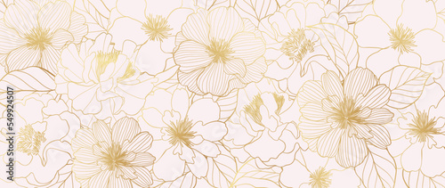 Luxury golden wild flower line art background vector. Natural botanical elegant flower with gold line art. Design illustration for decoration, wall decor, wallpaper, cover, banner, poster, card.  photo