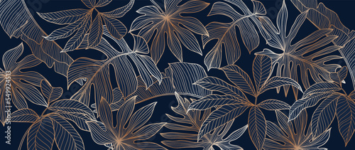 Luxury golden leaves line art background vector. Natural tropical leaf gold line art on dark background. Design illustration for decoration, wall decor, wallpaper, cover, banner, poster, card. 