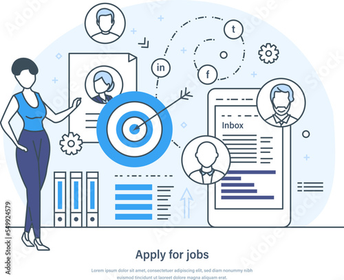 Apply for jobs, HR manager choosing best candidate. Job searching process, hiring management. Staff recruitment, work position sourcing thin line design of vector doodles