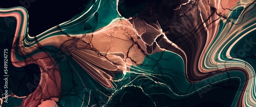 Deep green and brown abstract background made with alcohol ink technique, bright white veins texture, watercolour painting with free black copy space , hand drawn fluid art, wall paint

