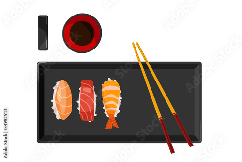 Japan food. Asian square plate and sushi with rice ball and shrimp, salmon, tuna, Soy sauce bowl. Table layout. Traditional japanese utensils for sushi. Colorful Flat vector top view illustration.