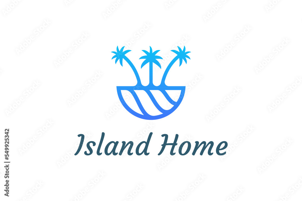 Fototapeta premium Ocean waves and palm tree combined with simple minimalist and modern shapes suitable for logo and icon