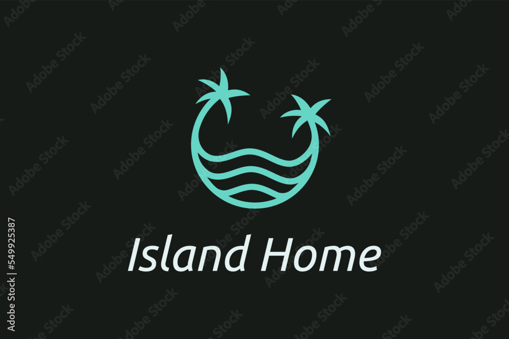 Fototapeta premium Ocean waves and palm tree combined with simple minimalist and modern shapes suitable for logo and icon