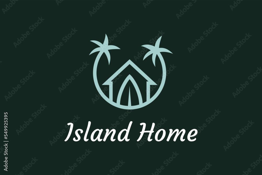 property and apartment on island with ocean waves and palm tree suitable for real estate logo