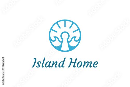 Ocean waves and palm tree combined with simple minimalist and modern shapes suitable for logo and icon