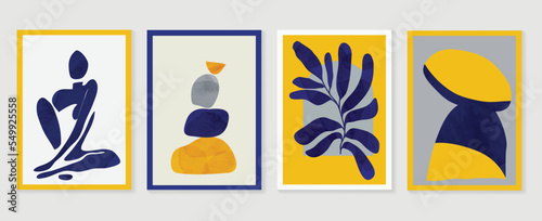 Abstract wall art background vector set. Minimalist watercolor abstract human posture, shapes, leaf branch in frame. Design illustration for wallpaper, home decoration, cover, printable painting.