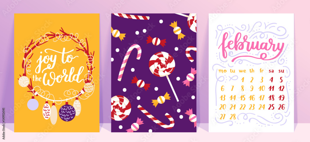 Naklejka premium Vector collection of Christmas poster templates. New year 2023 set of christmas greeting cards. Bright colors. presents and hand written lettering for your invitation and design.