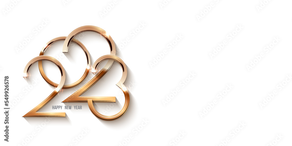Happy new year 2023 template. Gold numbers shining in light celebration horizontal flyer. Greeting festive card vector illustration. Merry holiday modern poster or wallpaper design on white Happy new year 2023 template. Gold numbers shining in light celebration horizontal flyer. Greeting festive card vector illustration. Merry holiday modern poster or wallpaper design on white