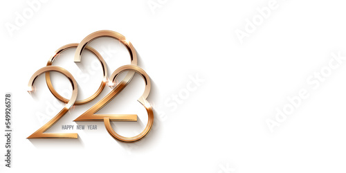 Happy new year 2023 template. Gold numbers shining in light celebration horizontal flyer. Greeting festive card vector illustration. Merry holiday modern poster or wallpaper design on white