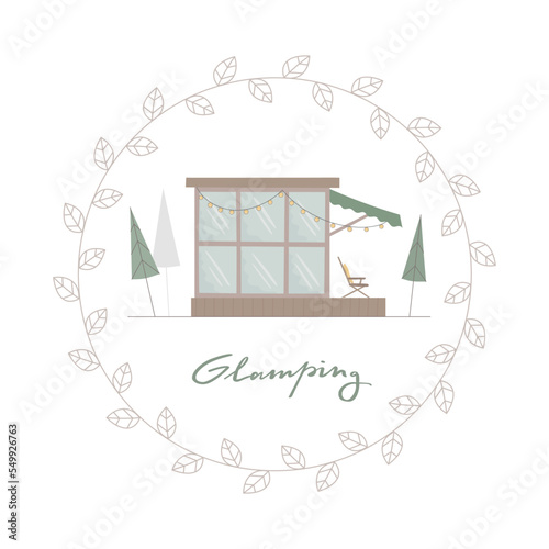Simple line illustration with convenient glamping, cottage with terrace around pine forest, lettering at leaves round frame
