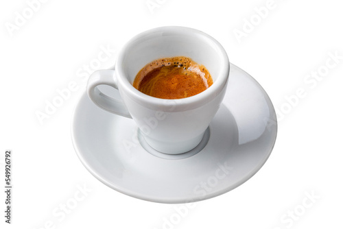 Fresh espresso in a white porcelain cup on an isolated white background