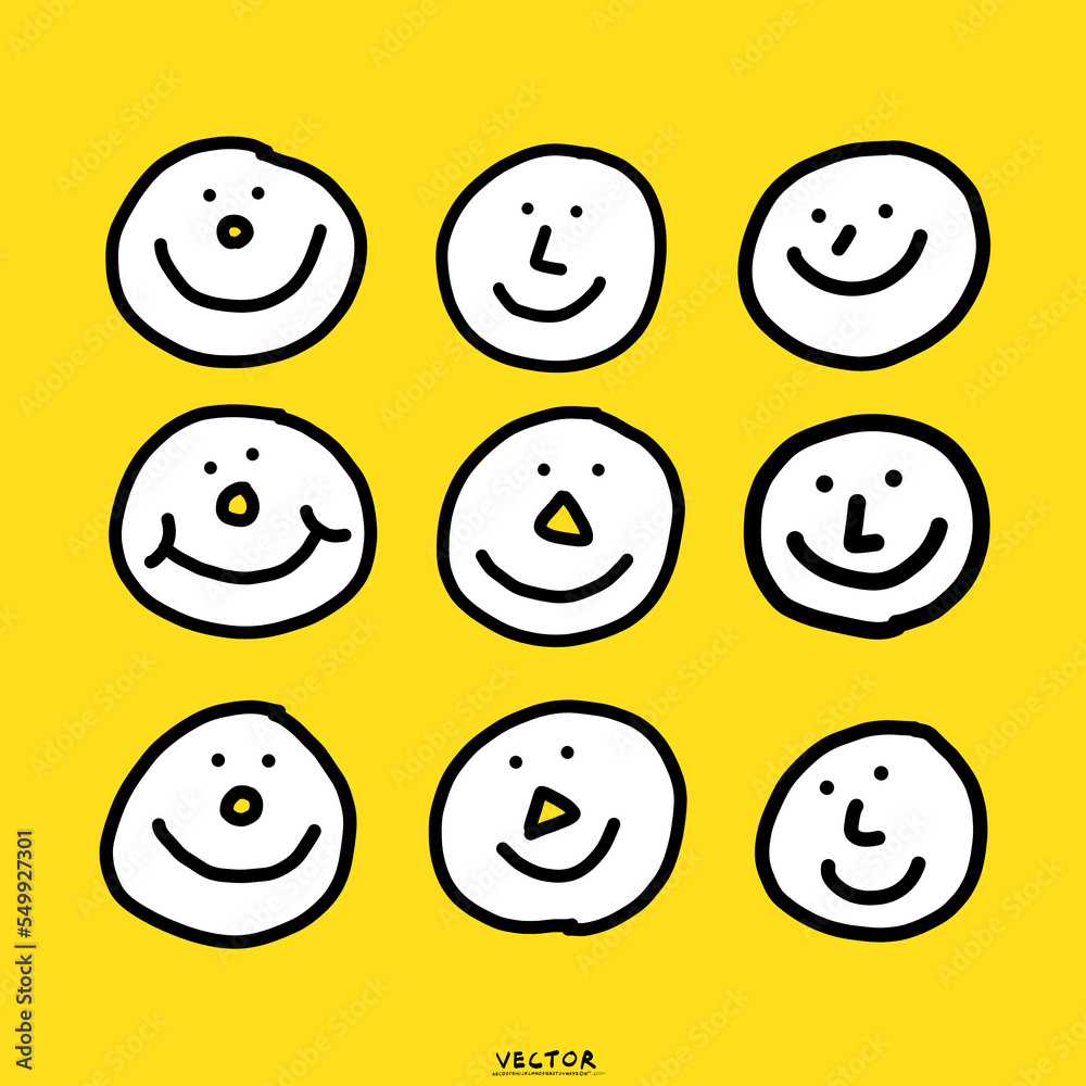 set of smileys, smail, smile, happy emoji, cute in doodle line art. Smile icon face emoji design. Smiling emoticon vector logo. Face line art style