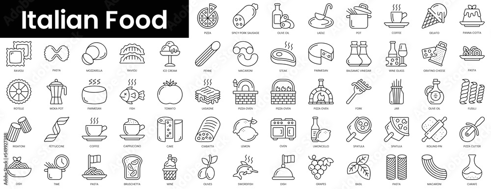 Set of outline italian food icons. Minimalist thin linear web icon set. vector illustration.