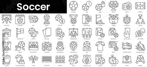 Set of outline soccer icons. Minimalist thin linear web icon set. vector illustration.