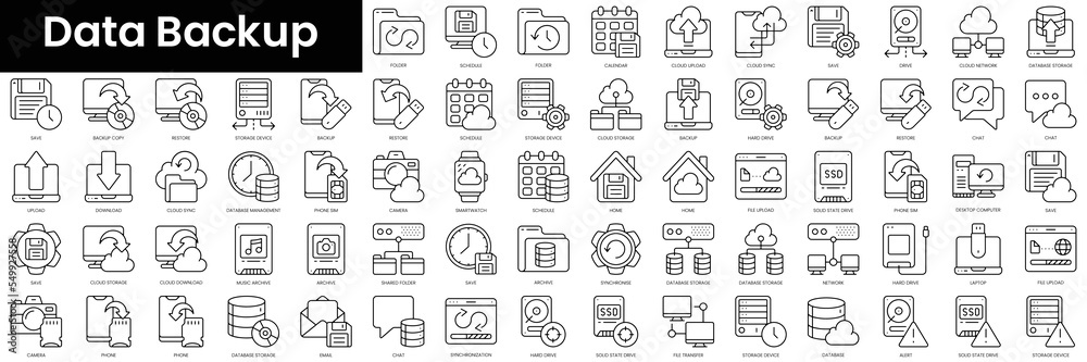 Set of outline data backup icons. Minimalist thin linear web icon set ...