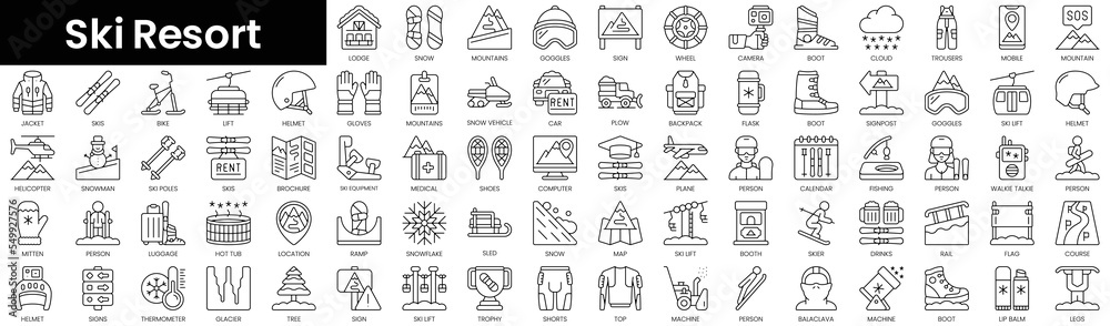 Set of outline ski resort icons. Minimalist thin linear web icon set. vector illustration. - obrazy, fototapety, plakaty 