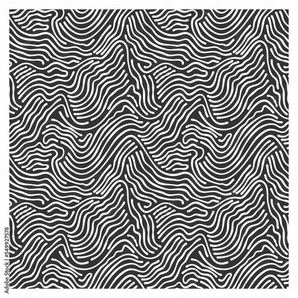 Abstract pattern of white striped waves on black background. Figure for textiles. 