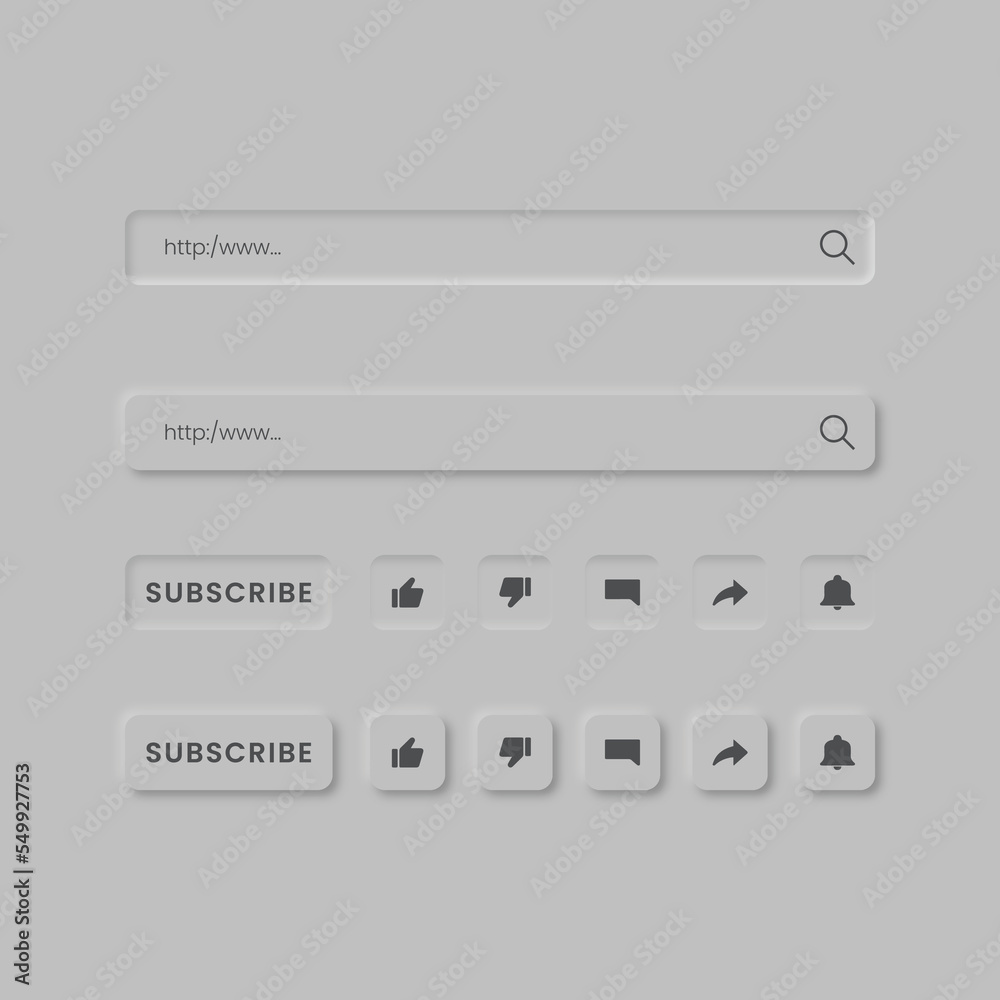subscribe button like comment share save search neumorphic icons set
