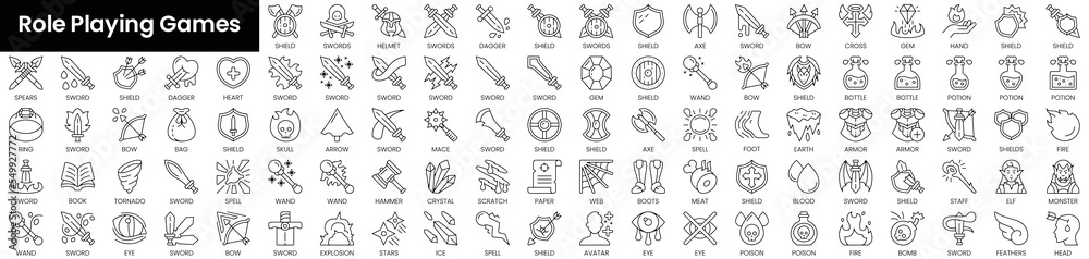 Naklejka premium Set of outline role playing games icons. Minimalist thin linear web icon set. vector illustration.