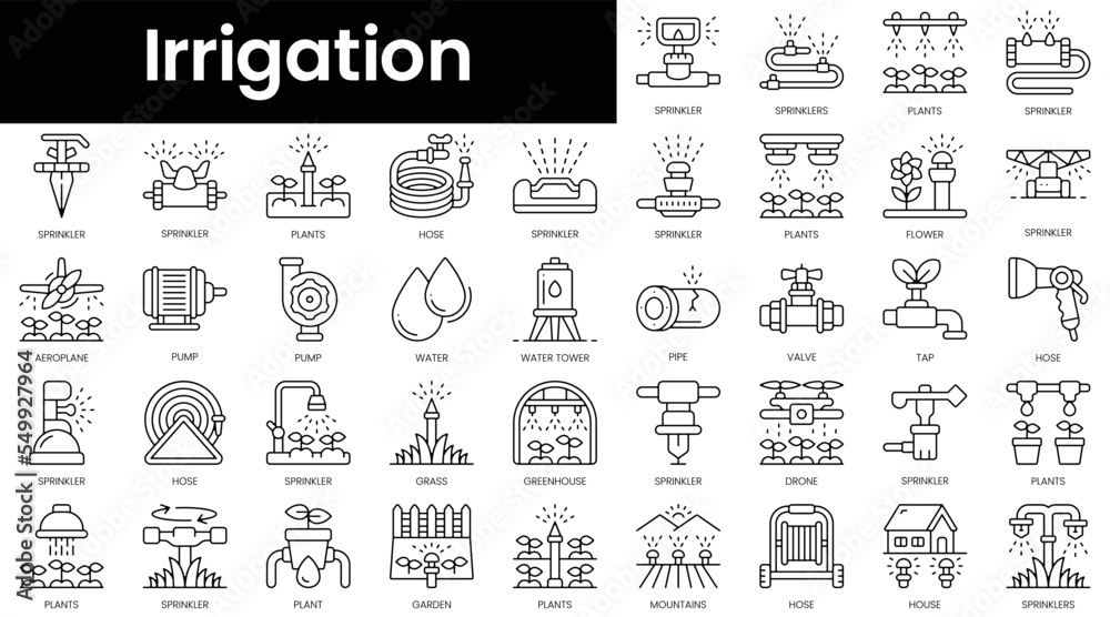 Set of outline irrigation icons. Minimalist thin linear web icon set. vector illustration. - obrazy, fototapety, plakaty 