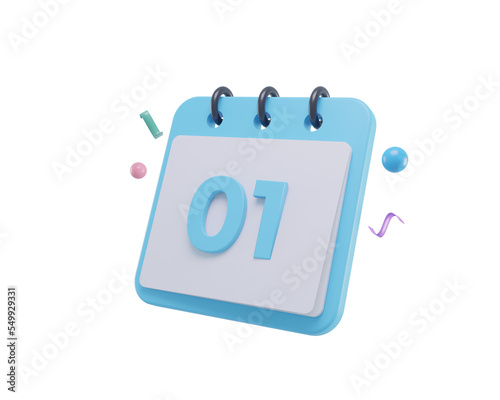 3d Render calendar icon start date from 01 or first day with white paper and event reminder