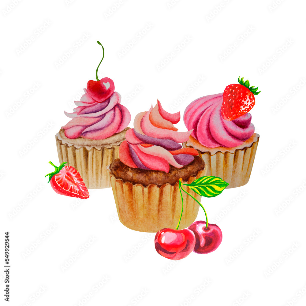 Cakes with cherries and strawberries. Sweets. Watercolor illustration. Cupcakes with cherries and strawberries. Food. Snack. Dessert. Cakes with cherries and strawberries. Sweets. Watercolor illustration. Cupcakes with cherries and strawberries. Food. Snack. Dessert.