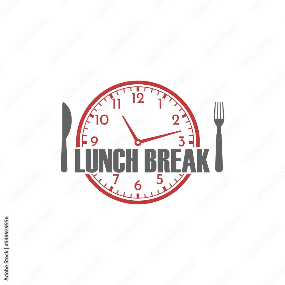 Clock cutlery with text Lunch break logo isolated on white background Clock cutlery with text Lunch break logo isolated on white background