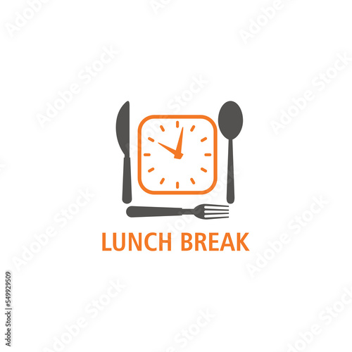 Clock cutlery with text Lunch break logo isolated on white background