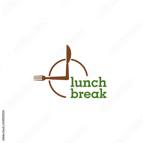 Clock cutlery with text Lunch break logo isolated on white background